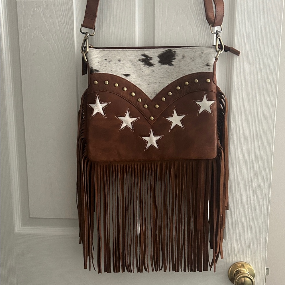 Brown Fringe Crossbody with Star Appliqués and Haircalf Accent